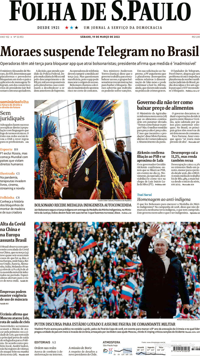 Capa do jornal Folha de S.Paulo 19/03/2022