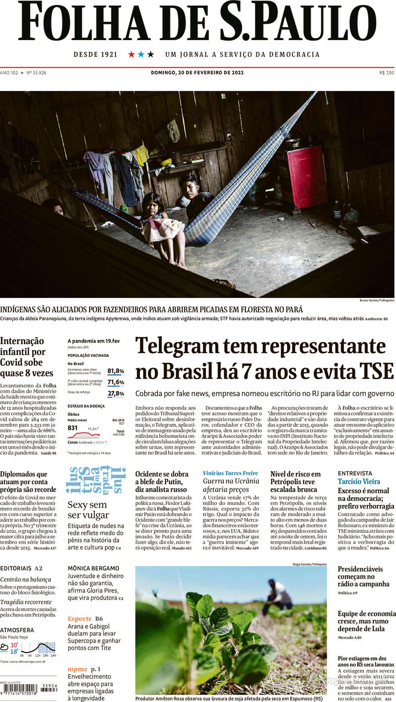 Capa do jornal Folha de S.Paulo 20/02/2022