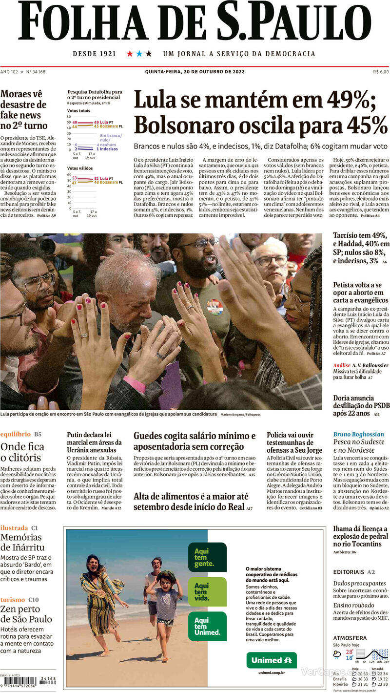 Capa Folha De Spaulo Edição Quinta20 De Outubro De 2022 1565