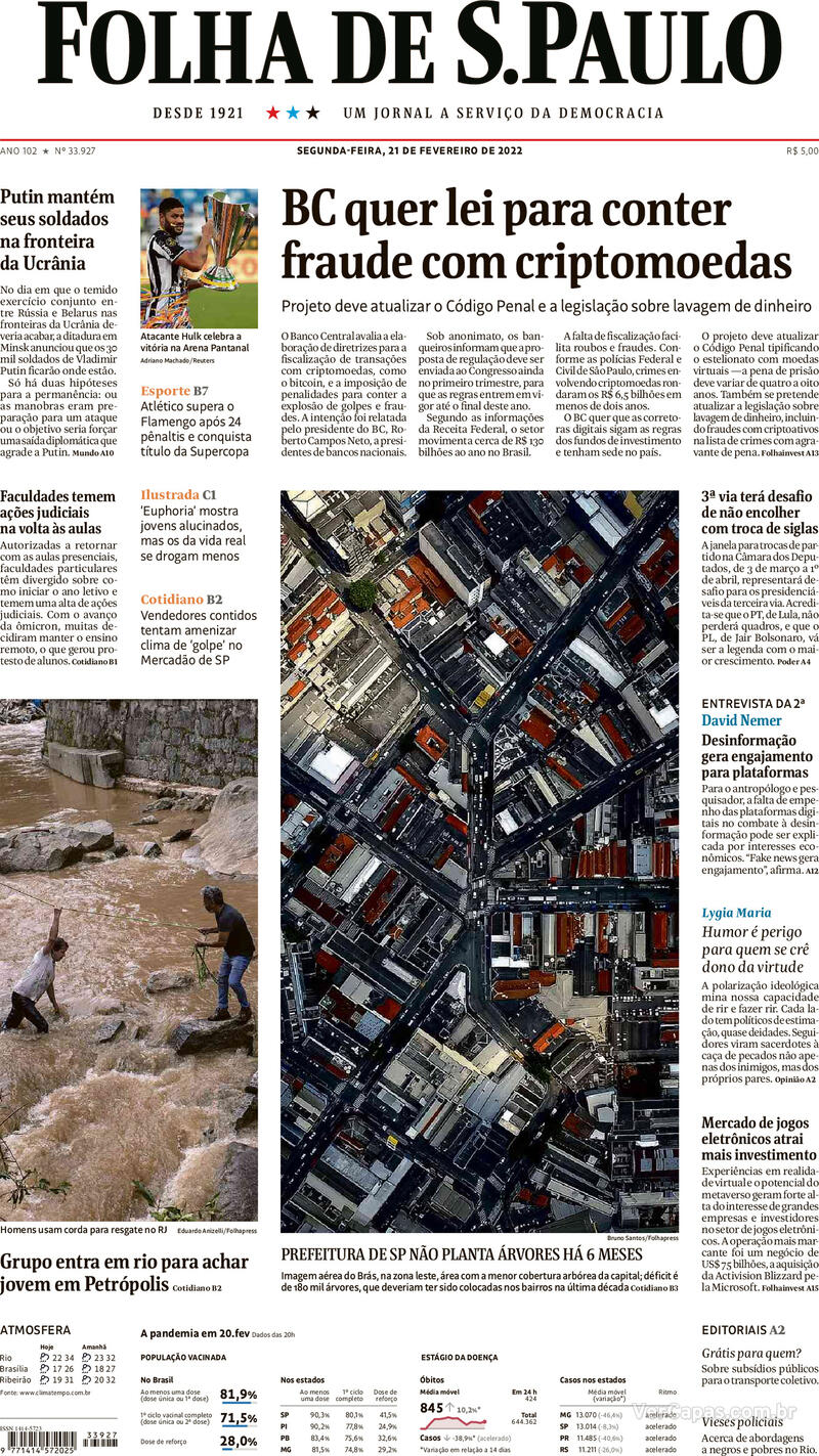 Capa do jornal Folha de S.Paulo 21/02/2022