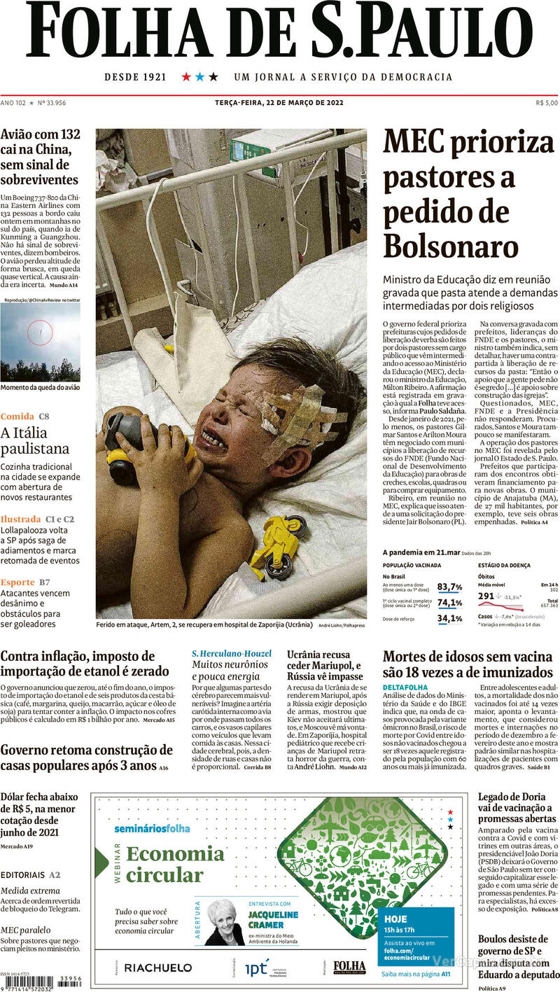 Capa do jornal Folha de S.Paulo 22/03/2022