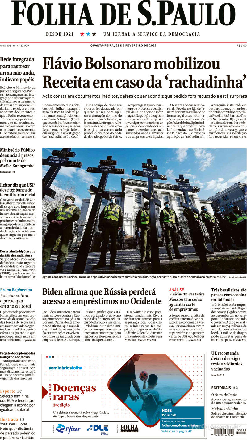 Capa do jornal Folha de S.Paulo 23/02/2022