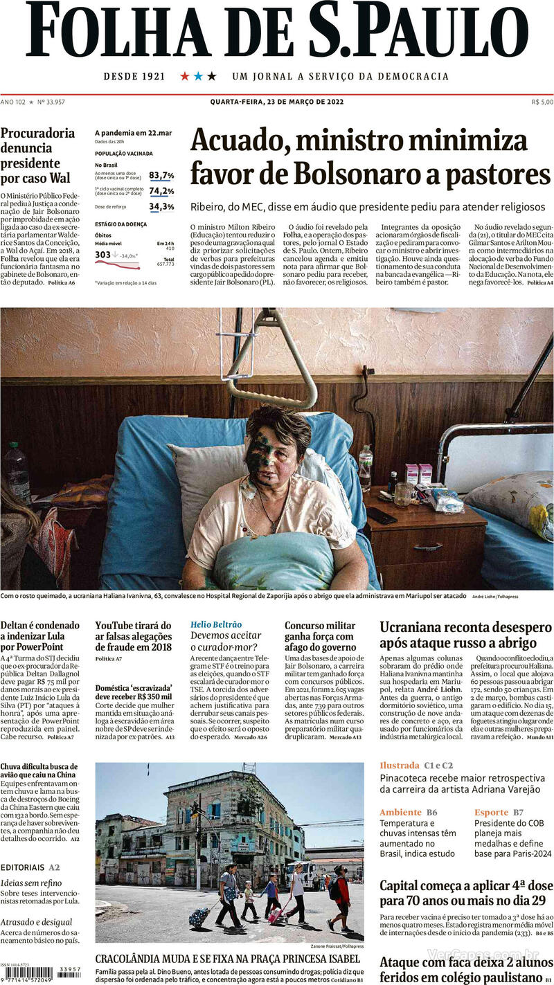 Capa do jornal Folha de S.Paulo 23/03/2022
