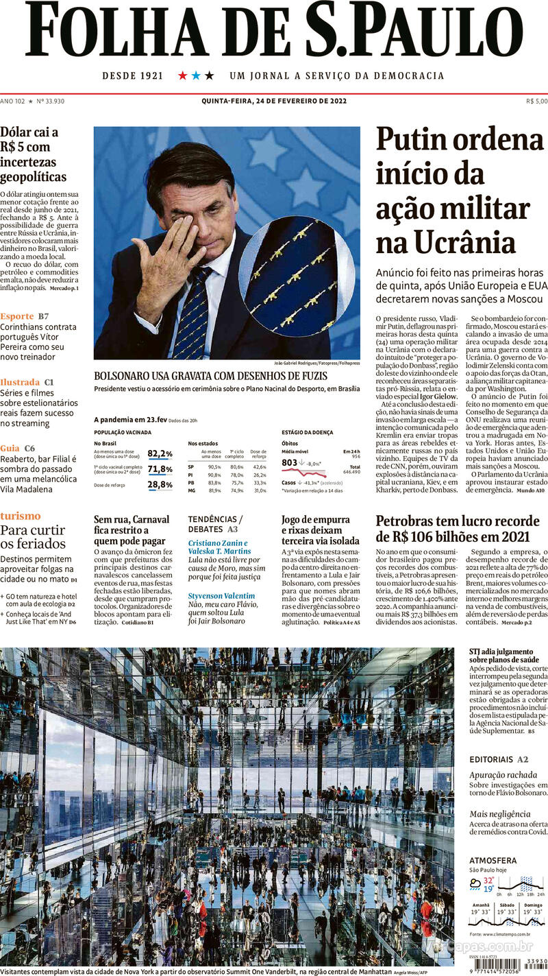 Capa do jornal Folha de S.Paulo 24/02/2022