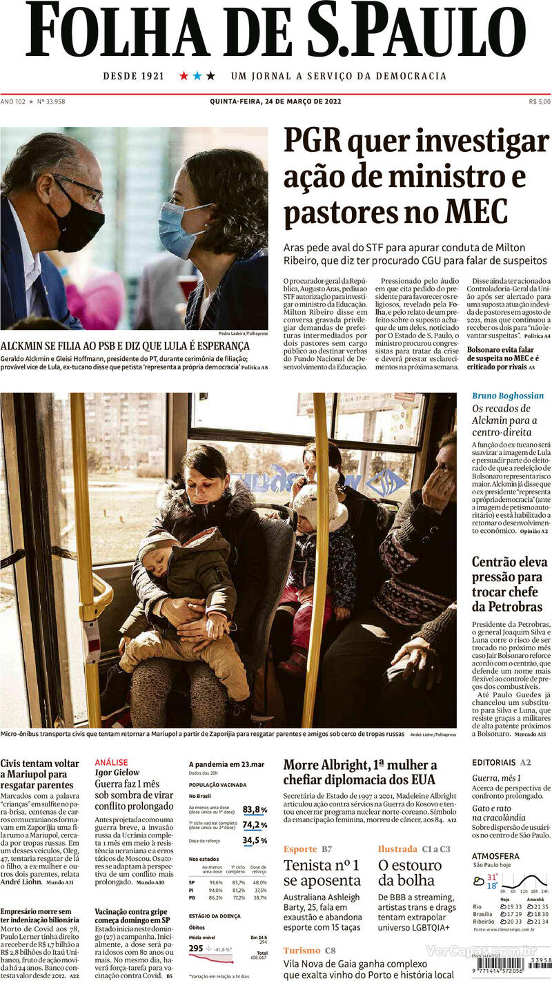 Capa do jornal Folha de S.Paulo 24/03/2022