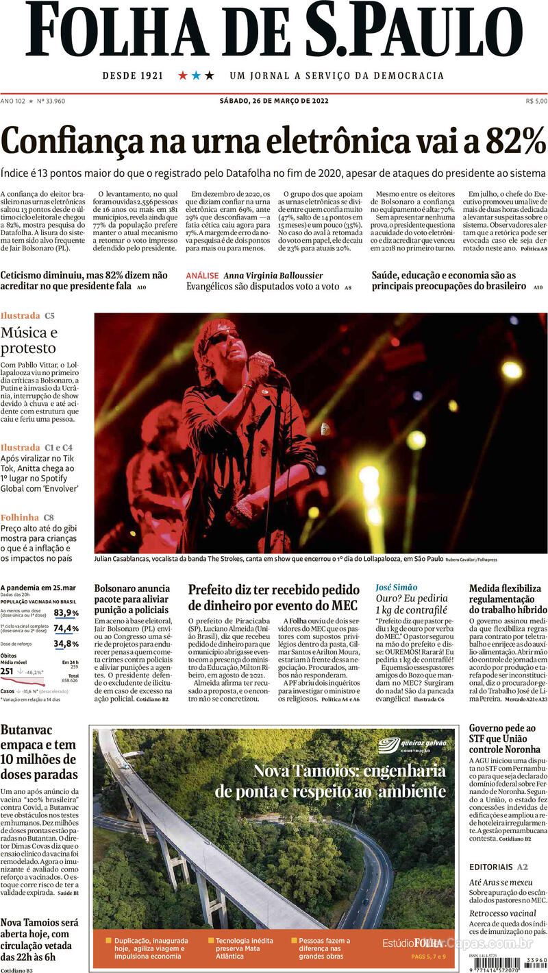 Capa do jornal Folha de S.Paulo 26/03/2022
