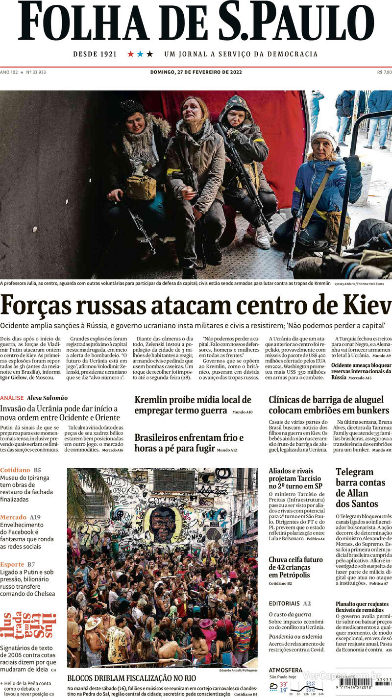 Capa do jornal Folha de S.Paulo 27/02/2022
