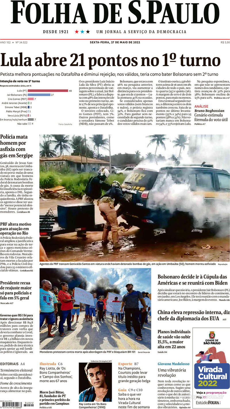 Capa do jornal Folha de S.Paulo 27/10/2017