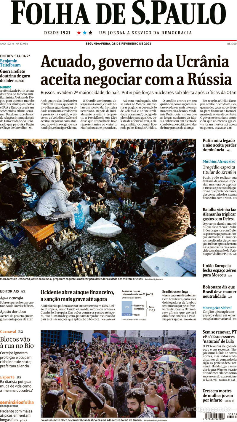 Capa do jornal Folha de S.Paulo 28/02/2022