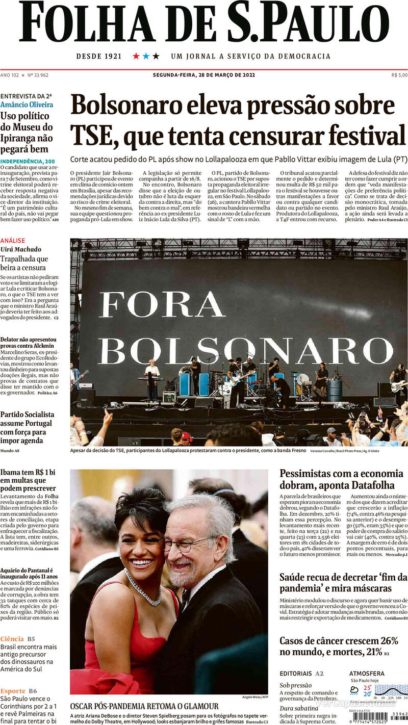 Capa do jornal Folha de S.Paulo 28/03/2022