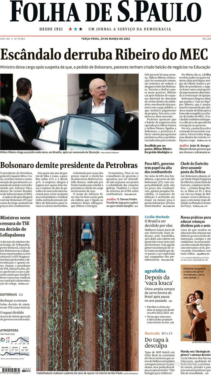 Capa do jornal Folha de S.Paulo 29/03/2022
