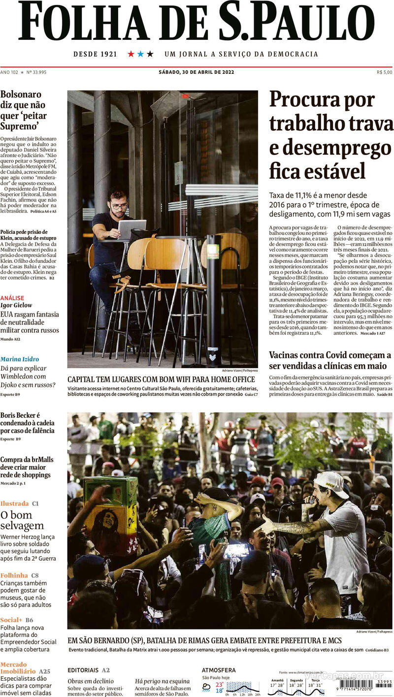 Capa Folha de S Paulo Edição Segunda de Novembro de