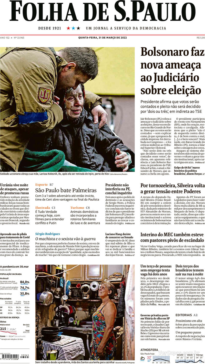 Capa do jornal Folha de S.Paulo 31/03/2022