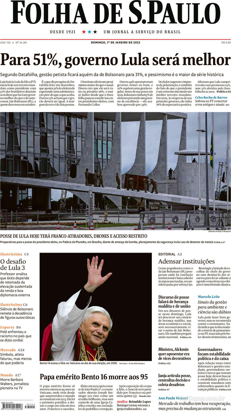 Capa Folha De S Paulo Edição Domingo 1 De Janeiro De 2023