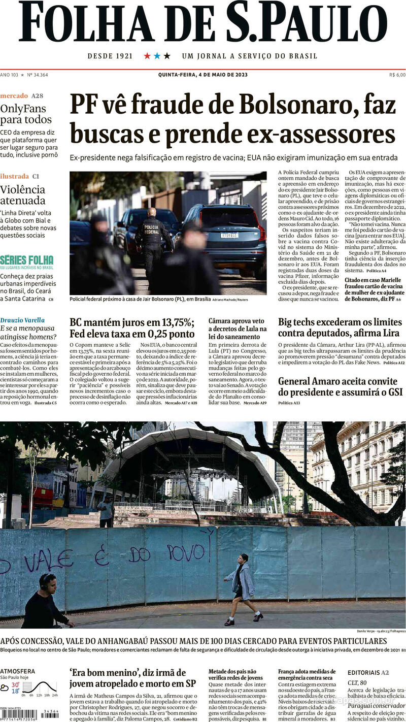 Capa Folha De S Paulo Quarta De Maio De