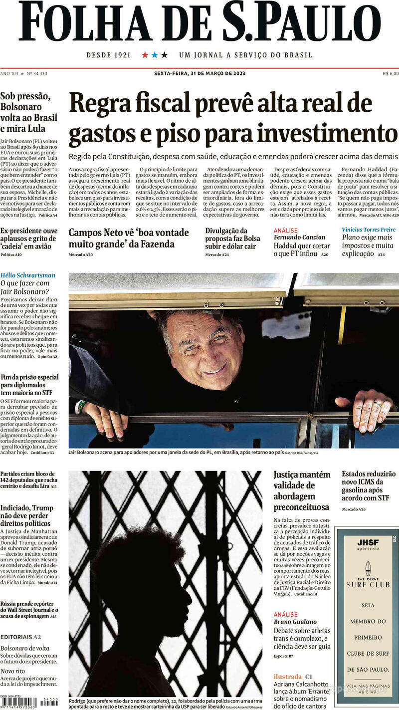 Capa do jornal Folha de S.Paulo 31/03/2023