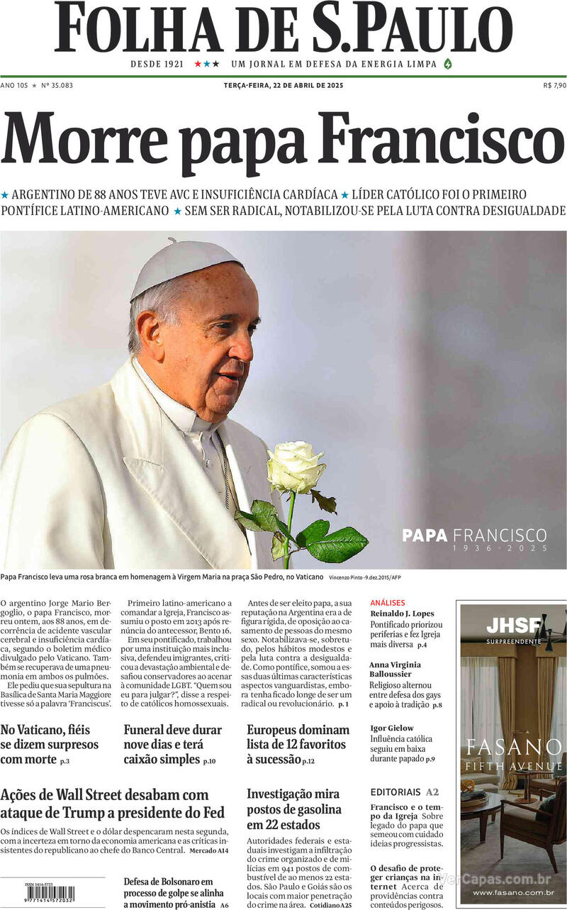 Capa do jornal Folha de S.Paulo 22/04/2025