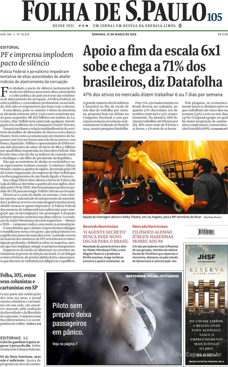 Capa do jornal Folha de S.Paulo 15/03/2026