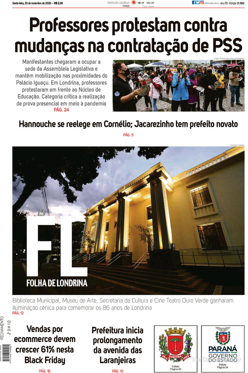 Capa do jornal Folha Londrina 20/11/2020
