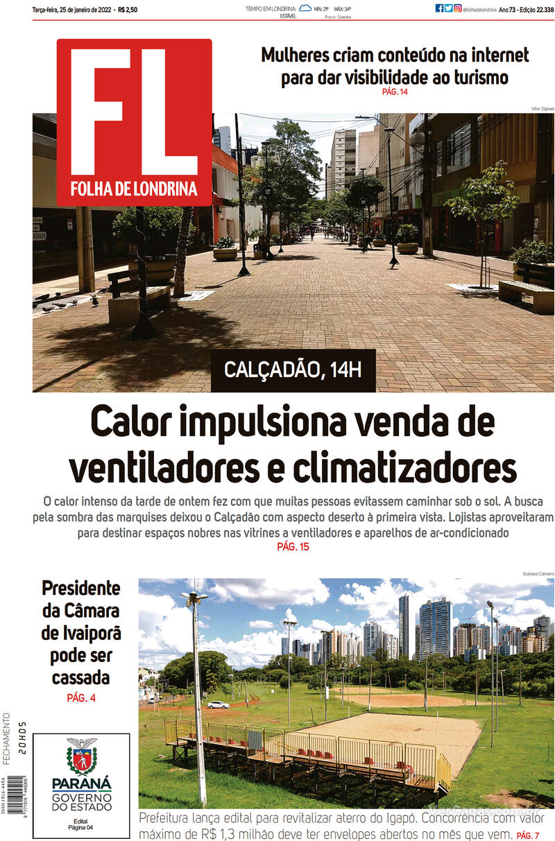 Capa do jornal Folha Londrina 25/01/2022