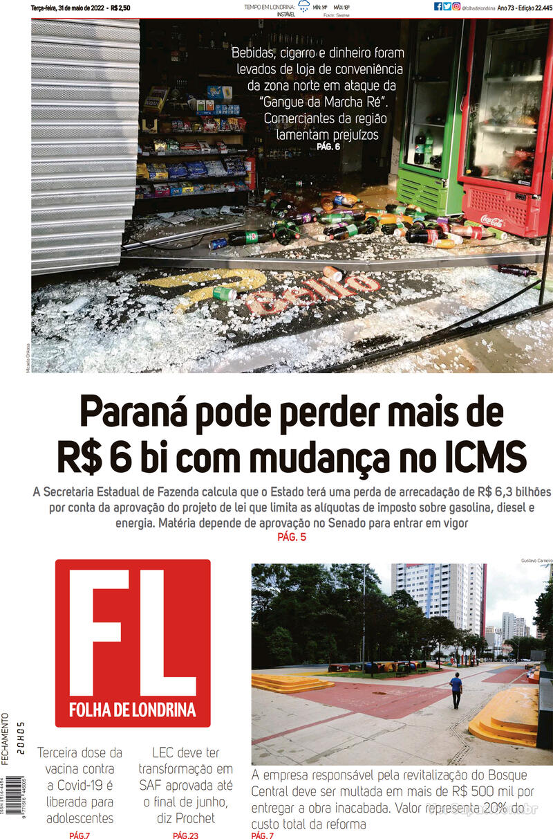 Capa do jornal Folha Londrina 31/05/2022