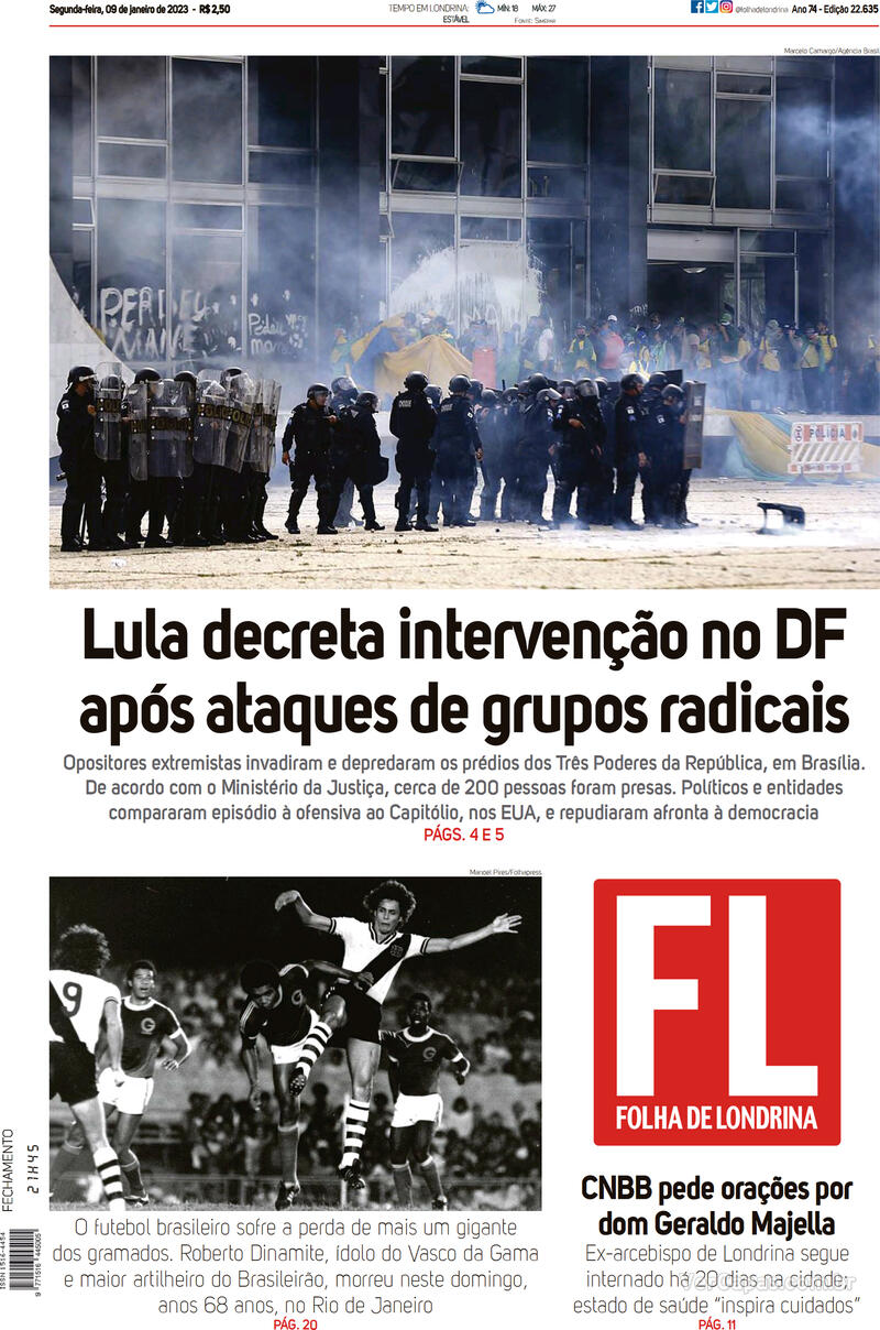 Capa do jornal Folha Londrina 09/01/2023
