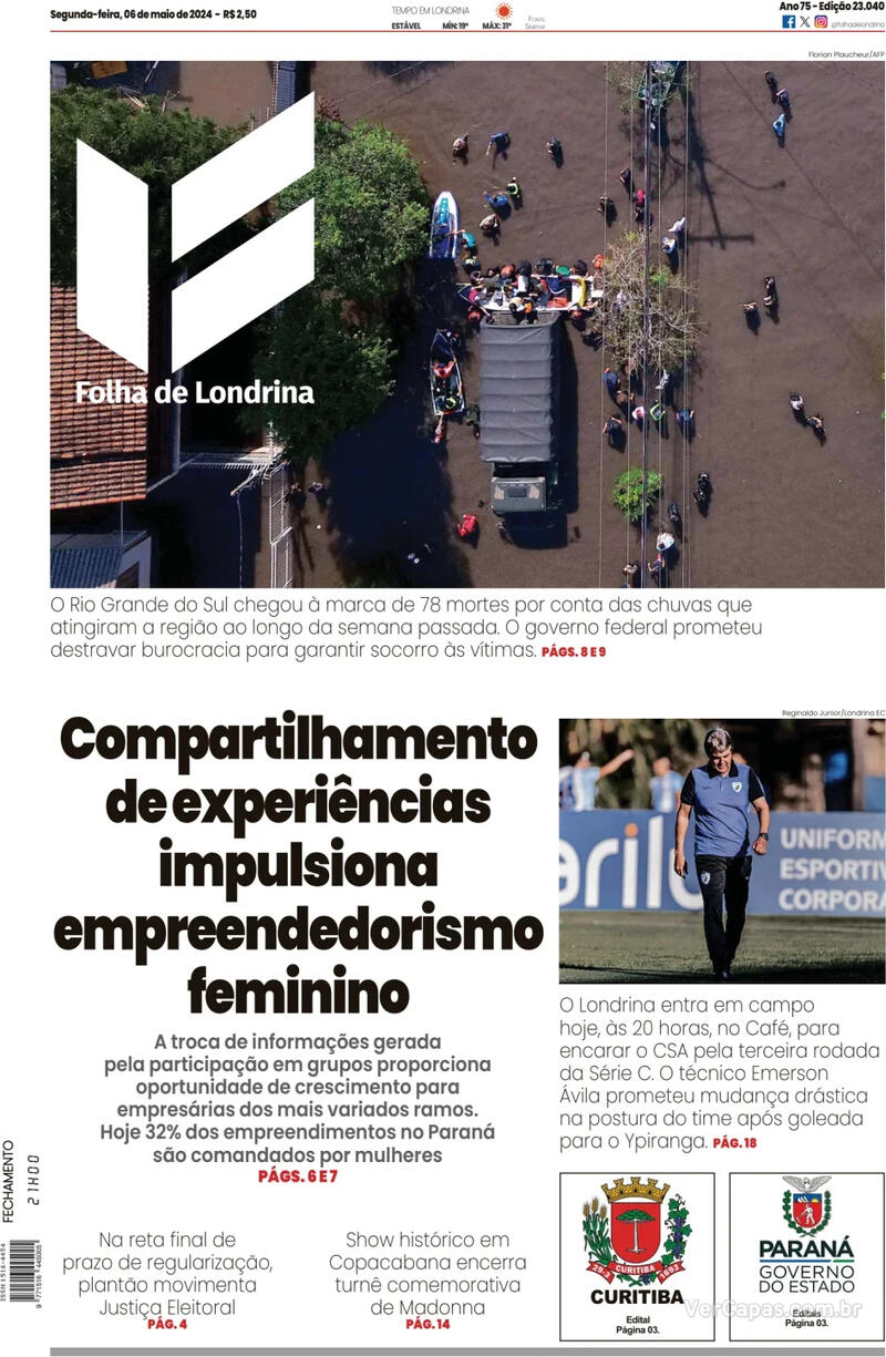 Capa do jornal Folha Londrina 06/05/2024