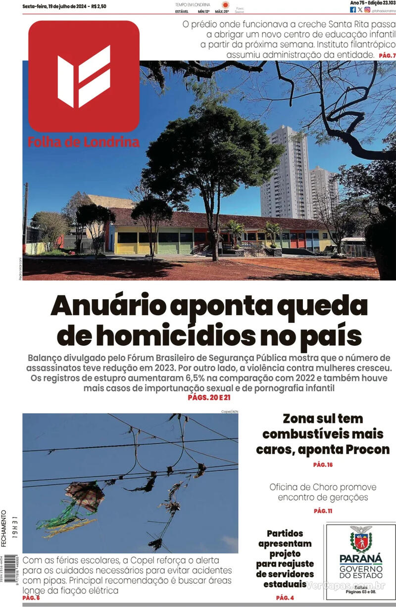 Capa Folha Londrina Sexta,19 de Julho de 2024