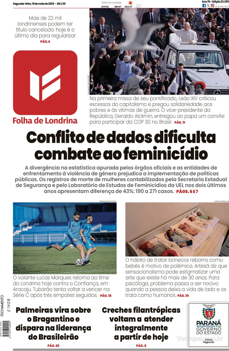 Capa do jornal Folha Londrina 19/05/2025