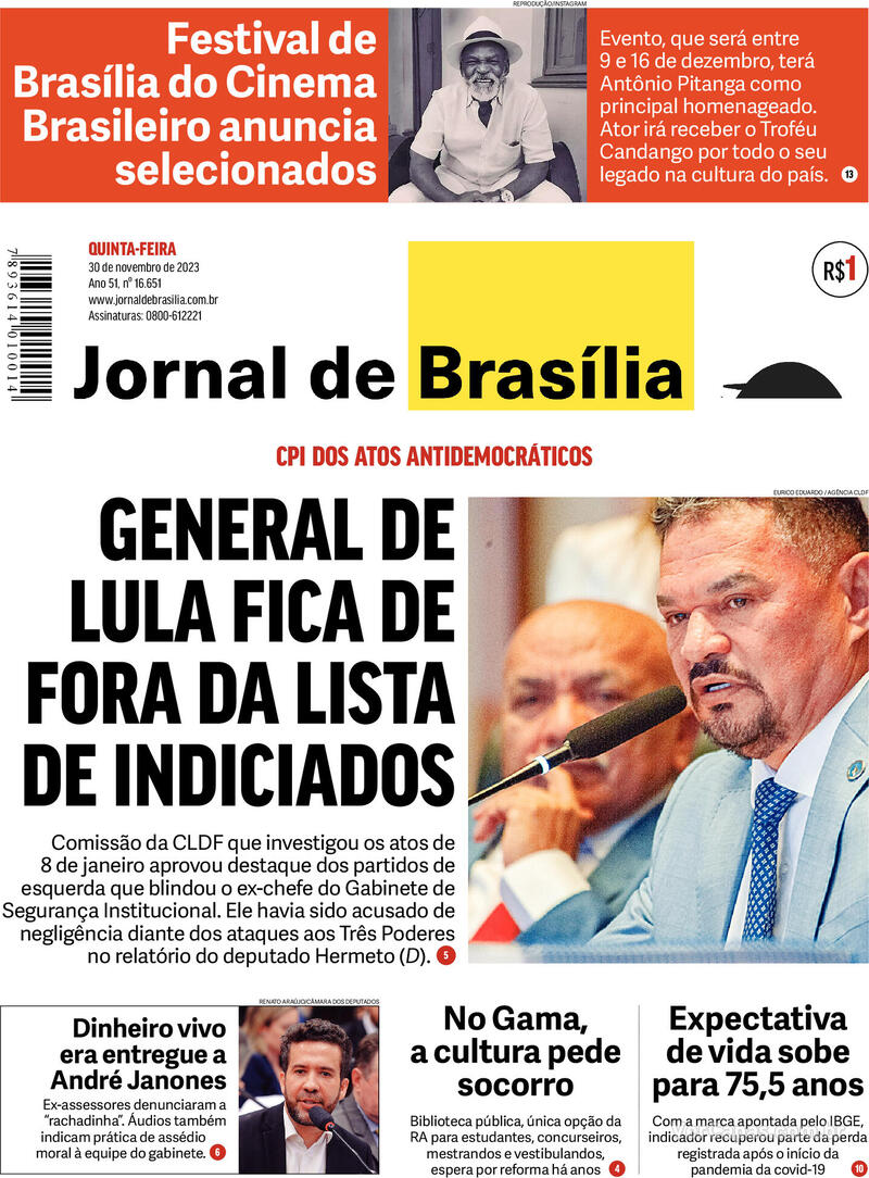 Capa do jornal Jornal de Brasília 30/11/2023