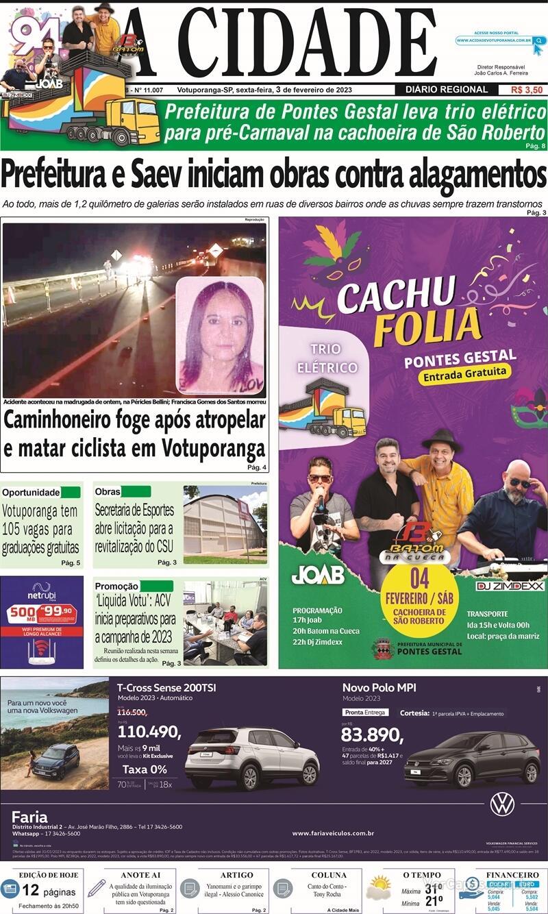 Capa do jornal Jornal A Cidade de Votuporanga 03/02/2023