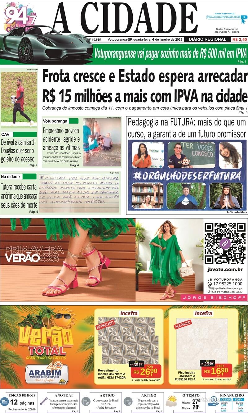 Capa Jornal A Cidade De Votuporanga Edição Quarta 4 De Janeiro De 2023 3532