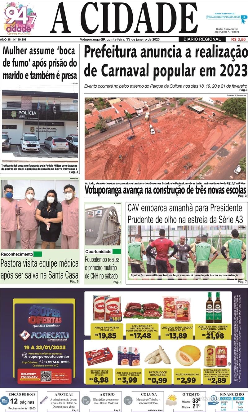 Capa do jornal Jornal A Cidade de Votuporanga 19/01/2023