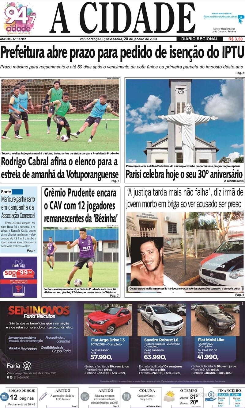 Capa do jornal Jornal A Cidade de Votuporanga 20/01/2023