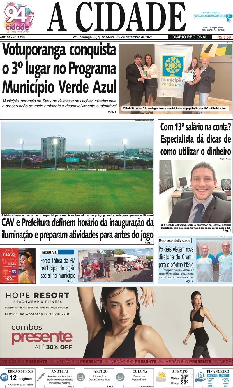 Capa do jornal Jornal A Cidade de Votuporanga 21/12/2023