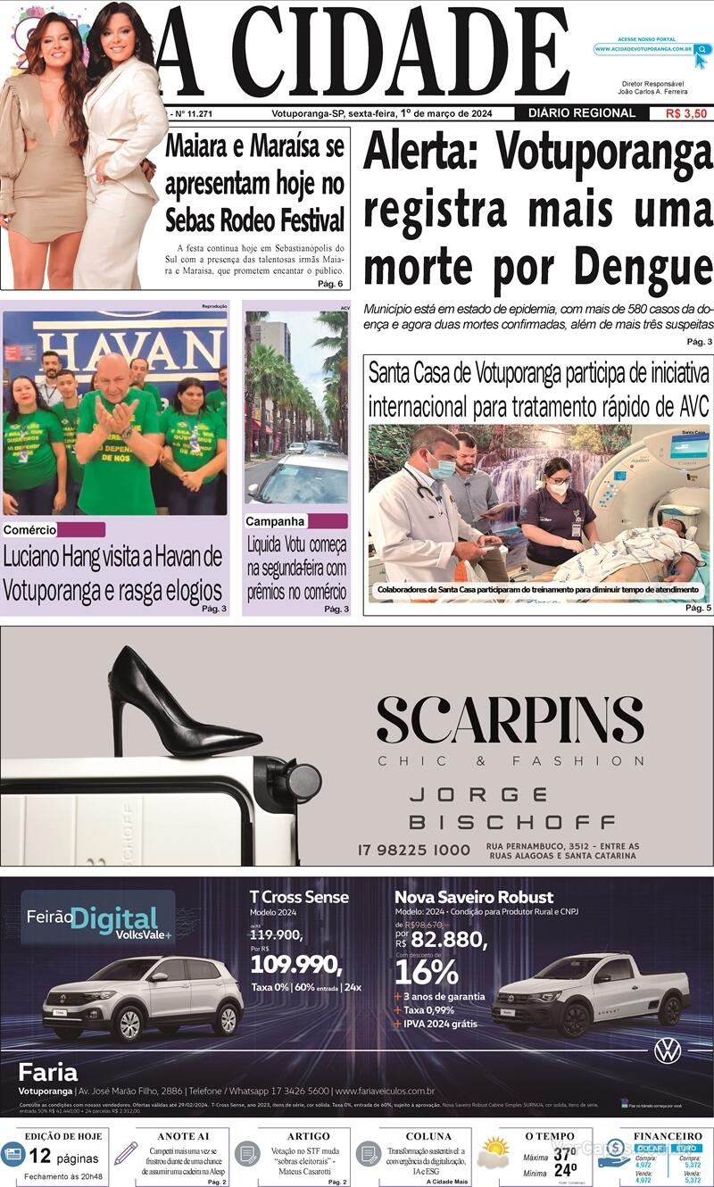 Capa do jornal Jornal A Cidade de Votuporanga 01/03/2024