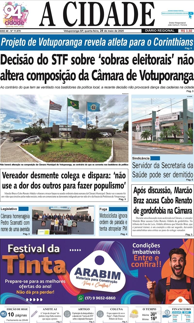 Capa do jornal Jornal A Cidade de Votuporanga 28/05/2025