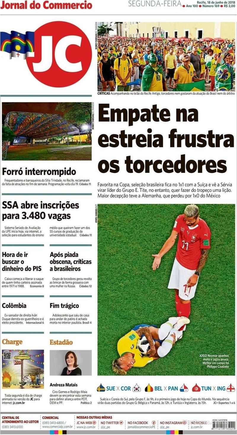 Capa do jornal Jornal do Commercio 18/06/2018