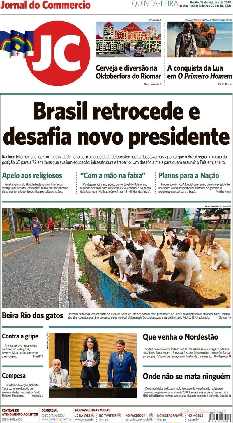 Capa do jornal Jornal do Commercio 18/10/2018