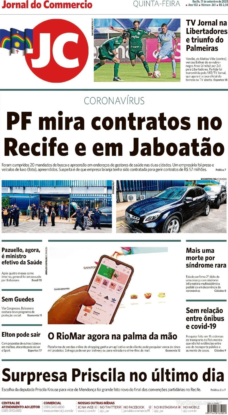 Capa do jornal Jornal do Commercio 17/09/2020