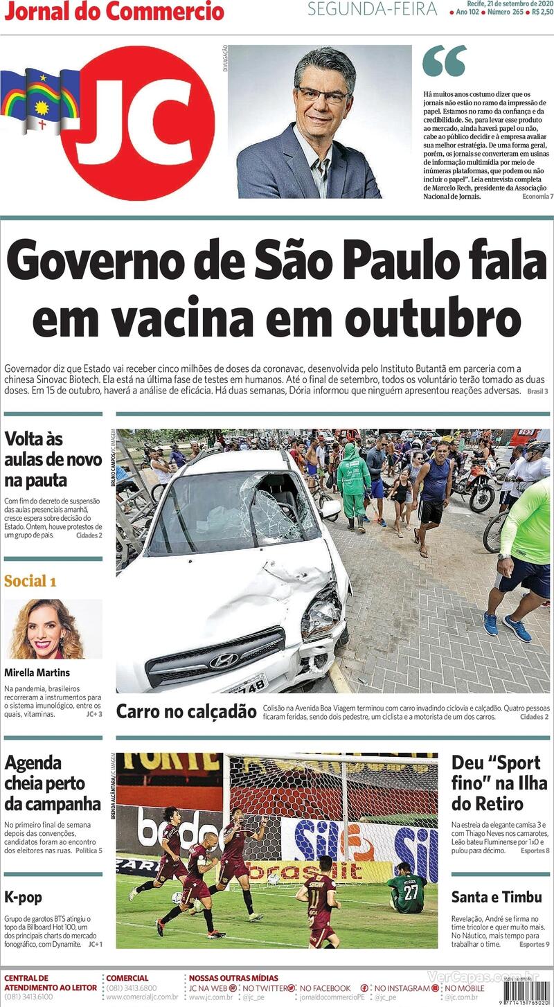 Capa do jornal Jornal do Commercio 21/09/2020