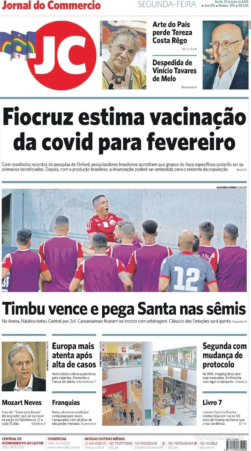 Capa do jornal Jornal do Commercio 27/07/2020