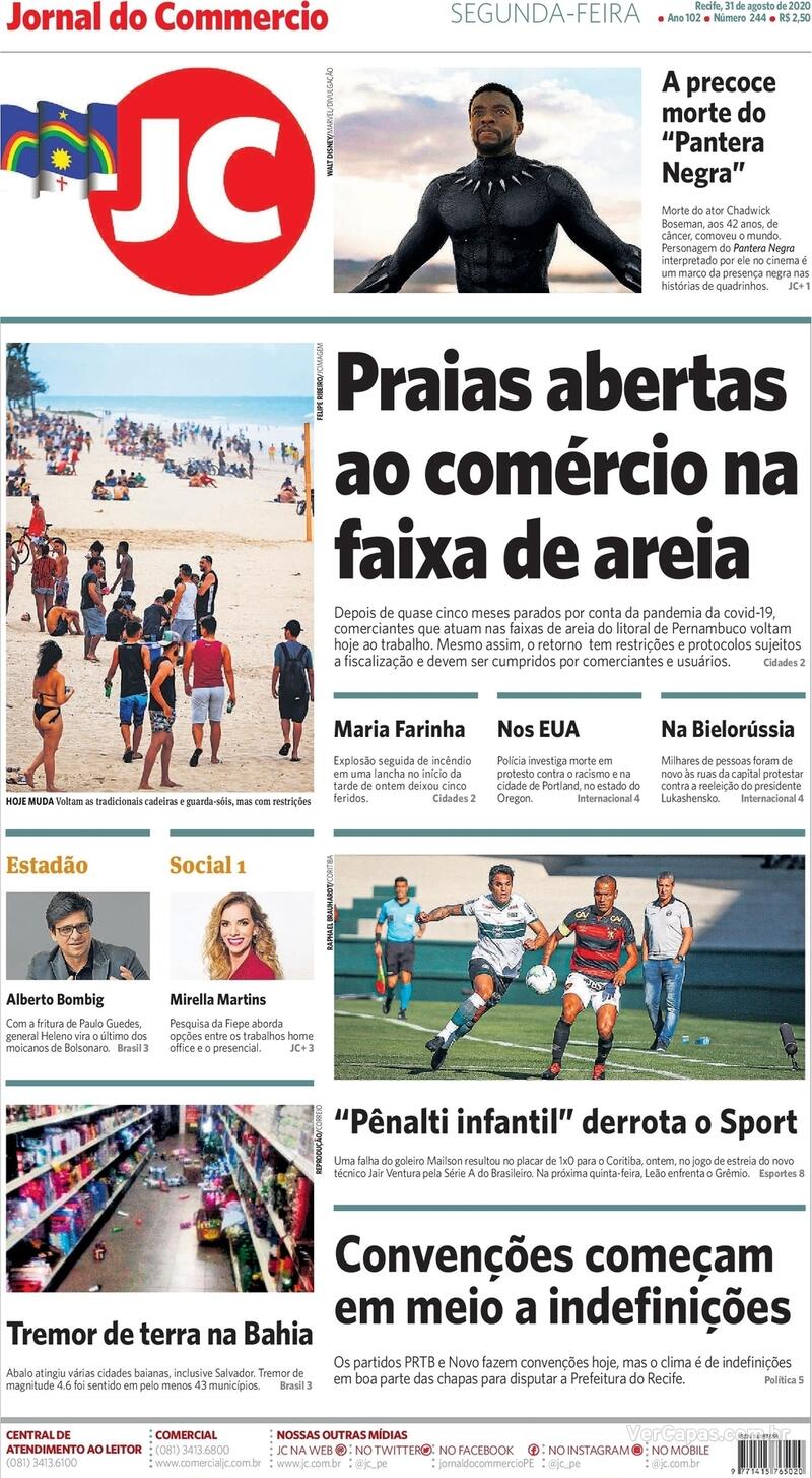 Capa do jornal Jornal do Commercio 31/08/2020