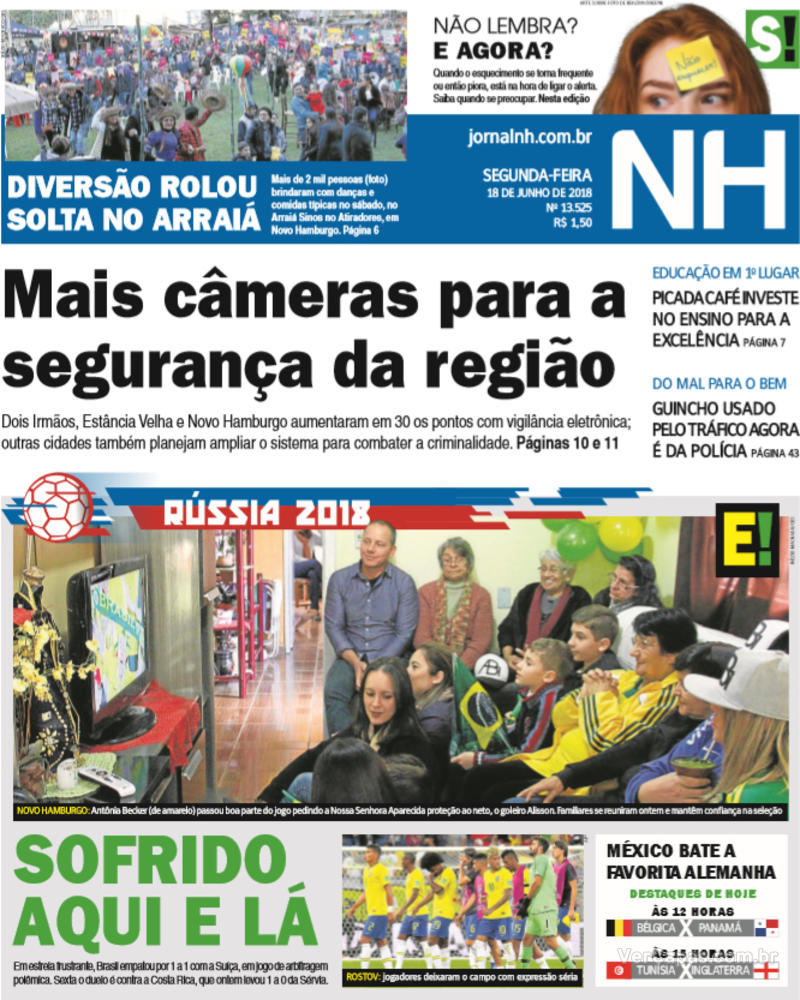Capa do jornal Jornal NH 18/06/2018