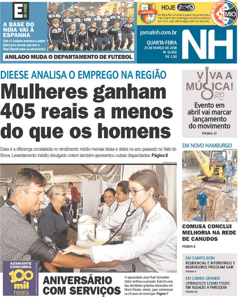 Capa do jornal Jornal NH 21/03/2018