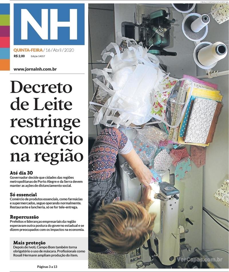 Capa do jornal Jornal NH 16/04/2020