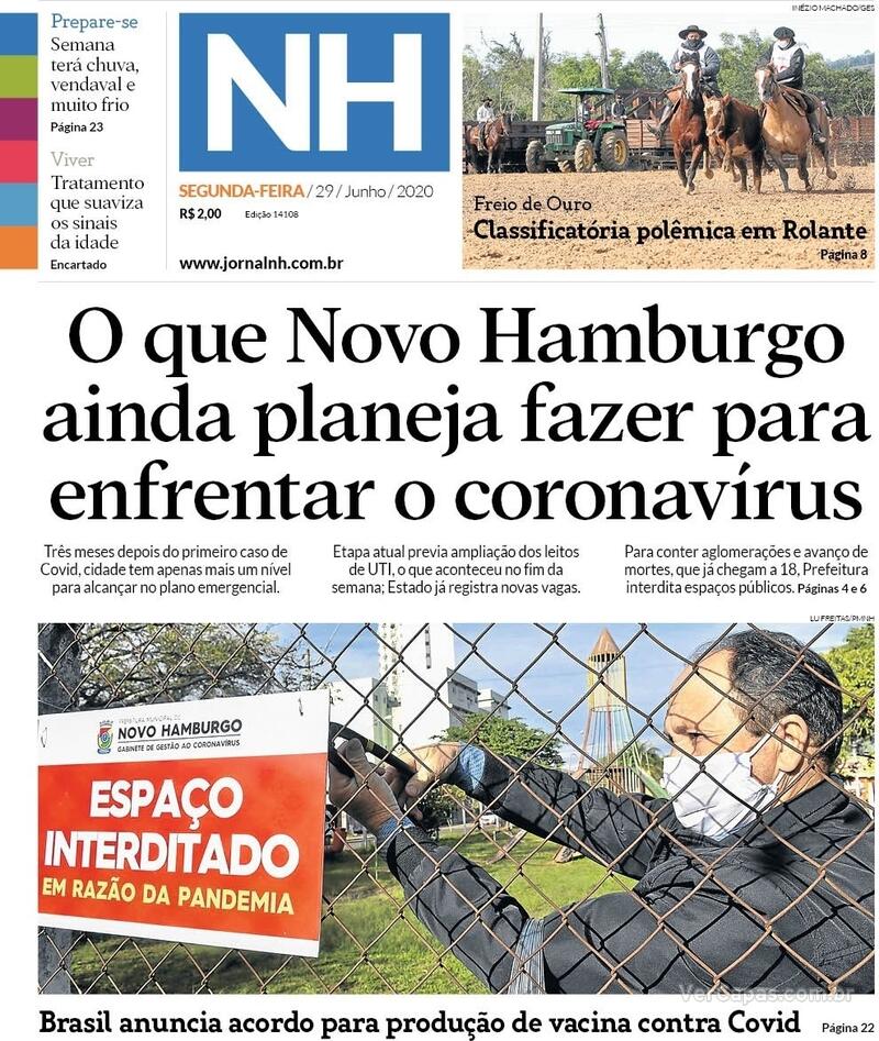 Capa do jornal Jornal NH 29/06/2020