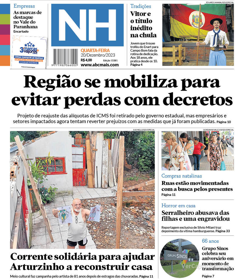 Capa do jornal Jornal NH 20/12/2023