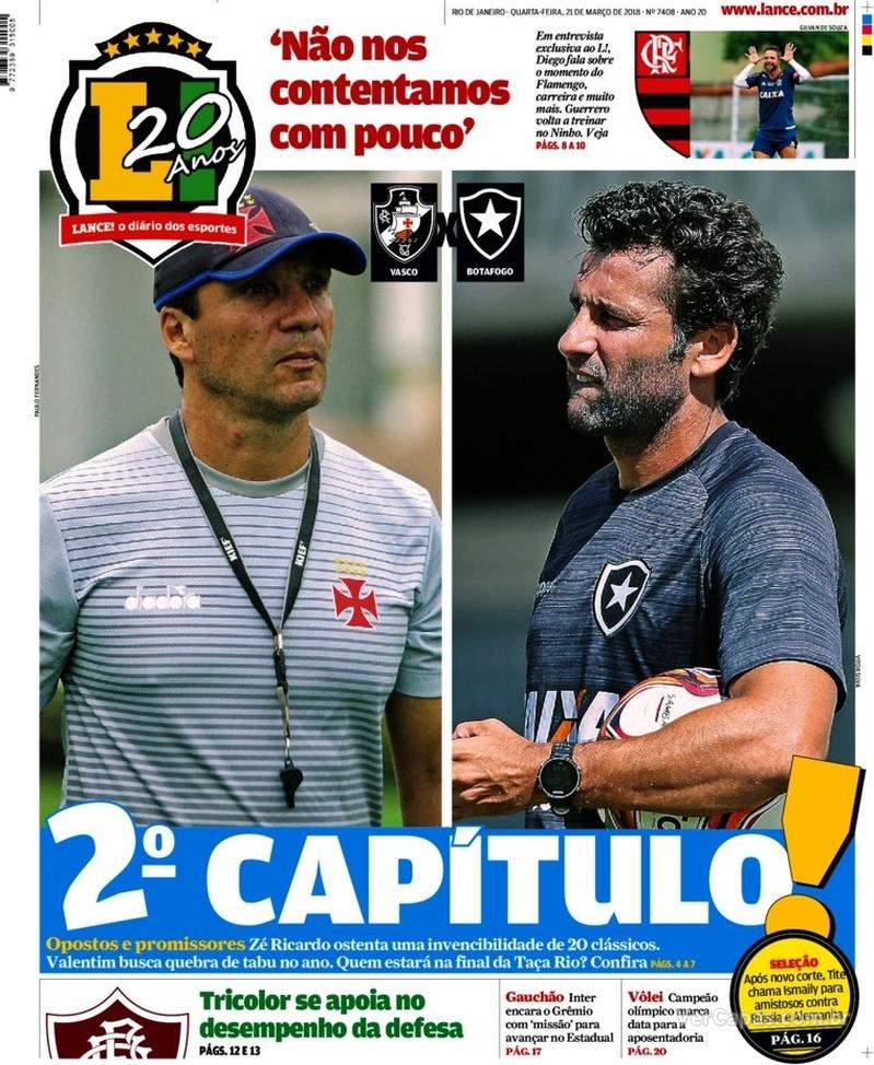 Capa do jornal Lance - Rio de Janeiro 21/03/2018