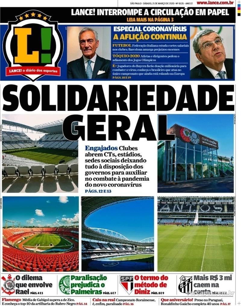 Capa do jornal Lance - São Paulo 21/03/2020